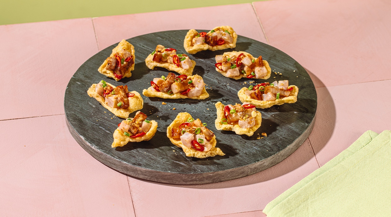 Kropek Sinuglaw (Grilled Pork and Kinilaw on a Prawn Cracker) Recipe